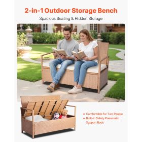 Outdoor Storage Bench, 2-Person PE Rattan Storage Bench, 70 Gal Deck Box with Cushion, Supports up to 265 lbs