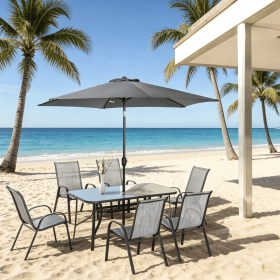 Gray 8-Piece Patio Furniture Set with 9ft Umbrella Outdoor Dining Table And 6 Chairs Tempered Glass Top Push Button Tilt And Crank Parasol