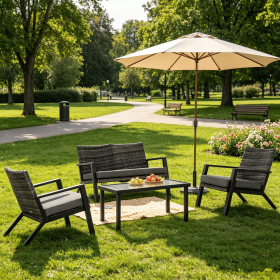 Black 4 Piece Patio Furniture Set PE Wicker Loveseat Sofa 2 Armchairs Outdoor Coffee Table Soft Cushions for Backyard Garden