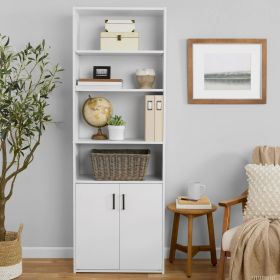 Traditional 5 Shelf Bookcase with Doors, Soft White Finish