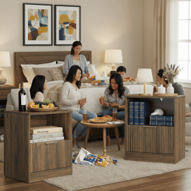 Modern minimalist hollow bedside cabinet set, with golden luxury handle design