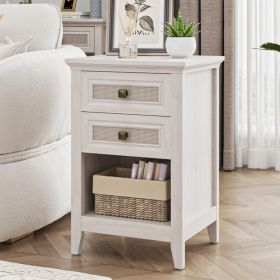 Farmhouse Nightstand, Boho Bedside Table with 2 Rattan Decor Drawers, Accent End Table with Open Storage Shelf, Wood Bedside Unit for Bedroom