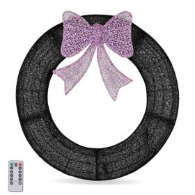 36in Pre-lit Outdoor Christmas Wreath Decoration, Lighted Metal Wreath With Purple Bow, Remote Control LED Lights With Timer, For Front Door Gate (Option: Purple  Orange)