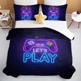 3 Pieces Neon Game Pattern Comforter Set Ultra Soft Bedding Set (Option: Queen-Black)