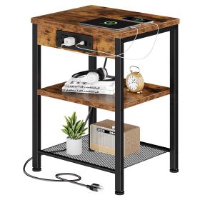 15.7-inch small side table with charging device, coffee table with socket and USB interface, three-layer adjustable storage bedside cabinet (Color: brown/1p)