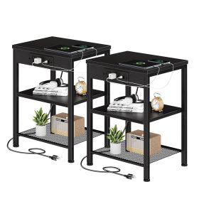 15.7-inch small side table with charging device, coffee table with socket and USB interface, three-layer adjustable storage bedside cabinet (Color: black/2p)