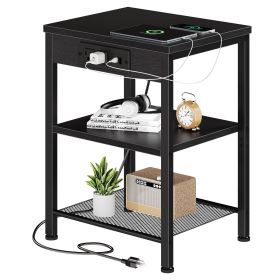15.7-inch small side table with charging device, coffee table with socket and USB interface, three-layer adjustable storage bedside cabinet (Color: black/1p)