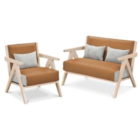 2 Pieces Living Room Furniture Set with Rubber Wood Frame (Color: Brown)