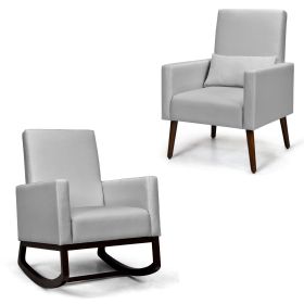 2-in-1 Fabric Upholstered Rocking Chair with Waist Pillow (Color: Light Gray)