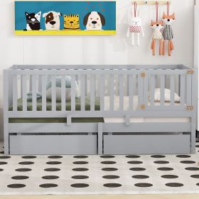 Twin Size Wood Daybed with Fence Guardrails and 2 Drawers, Split into Independent Floor Bed & Daybed (Color: Gray)
