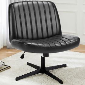 Cross Legged Office Living Room Rocking Gaming Chair Armless Wide Desk Adjustable Swivel Fabric Task Vanity Home Office (Color: Black)