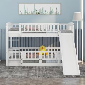 Bunk Bed with Slide; Twin Over Twin Low Bunk Bed with Fence and Ladder for Toddler Kids Teens (Color: White)