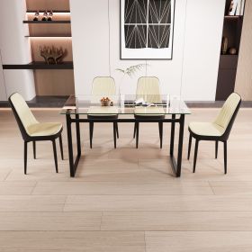 51" 4 person glass dining table set, kitchen set with black metal leg dining table and chairs (Color: Black+Beige)